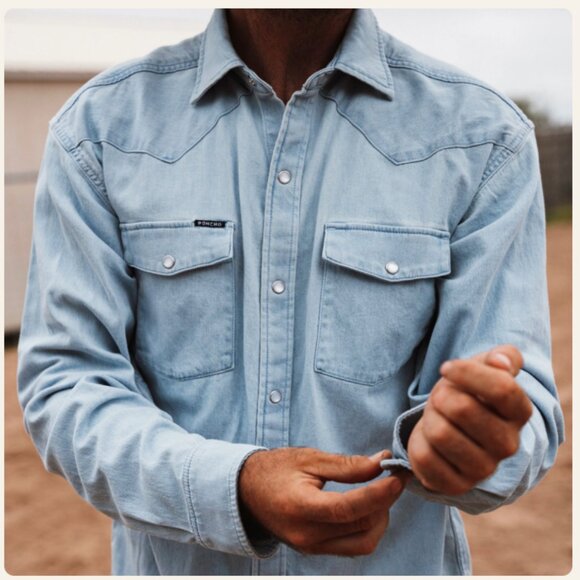 Men's Poncho, Performance Denim, Long Sleeve Button Up Shirt (Pearl Snaps) - Picture 4 of 5